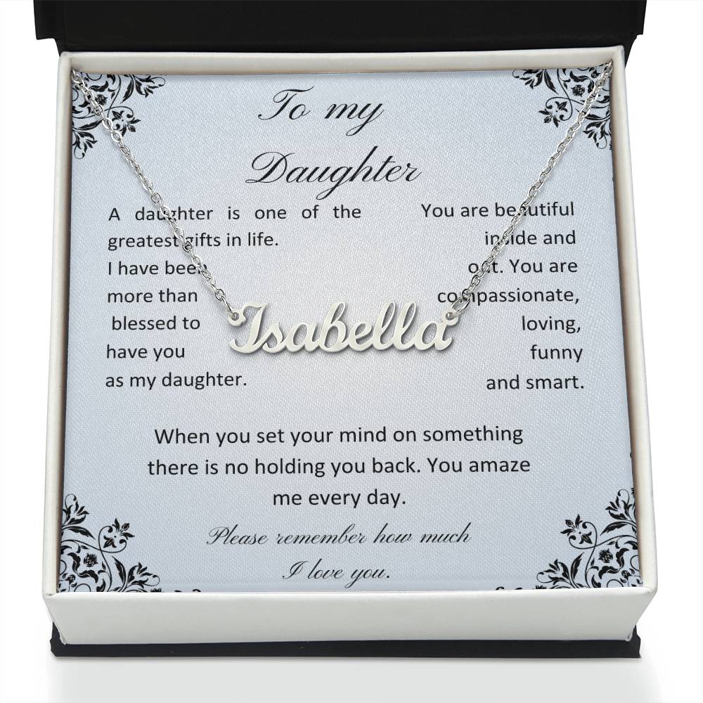 Daughter name necklace with message card