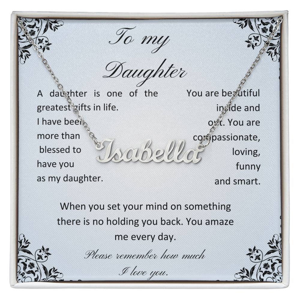 Daughter name necklace with message card