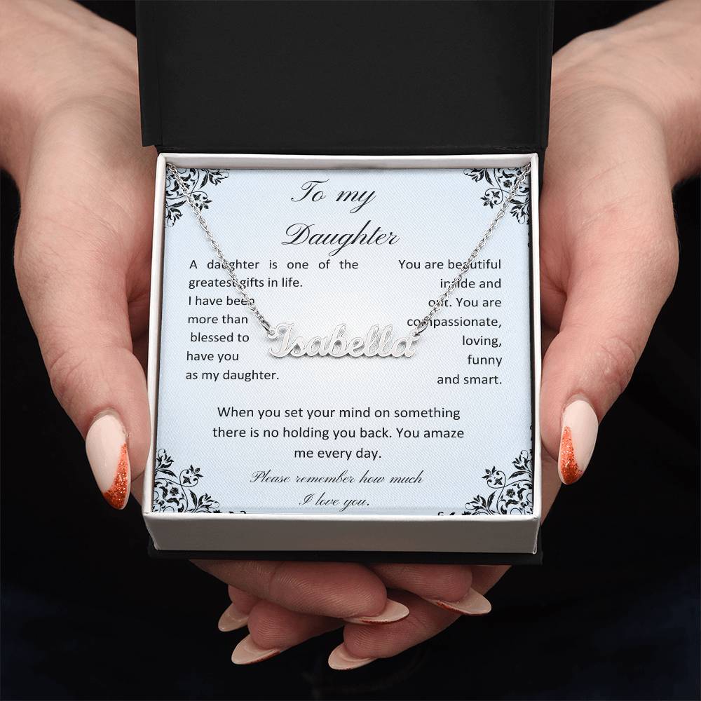Daughter name necklace with message card