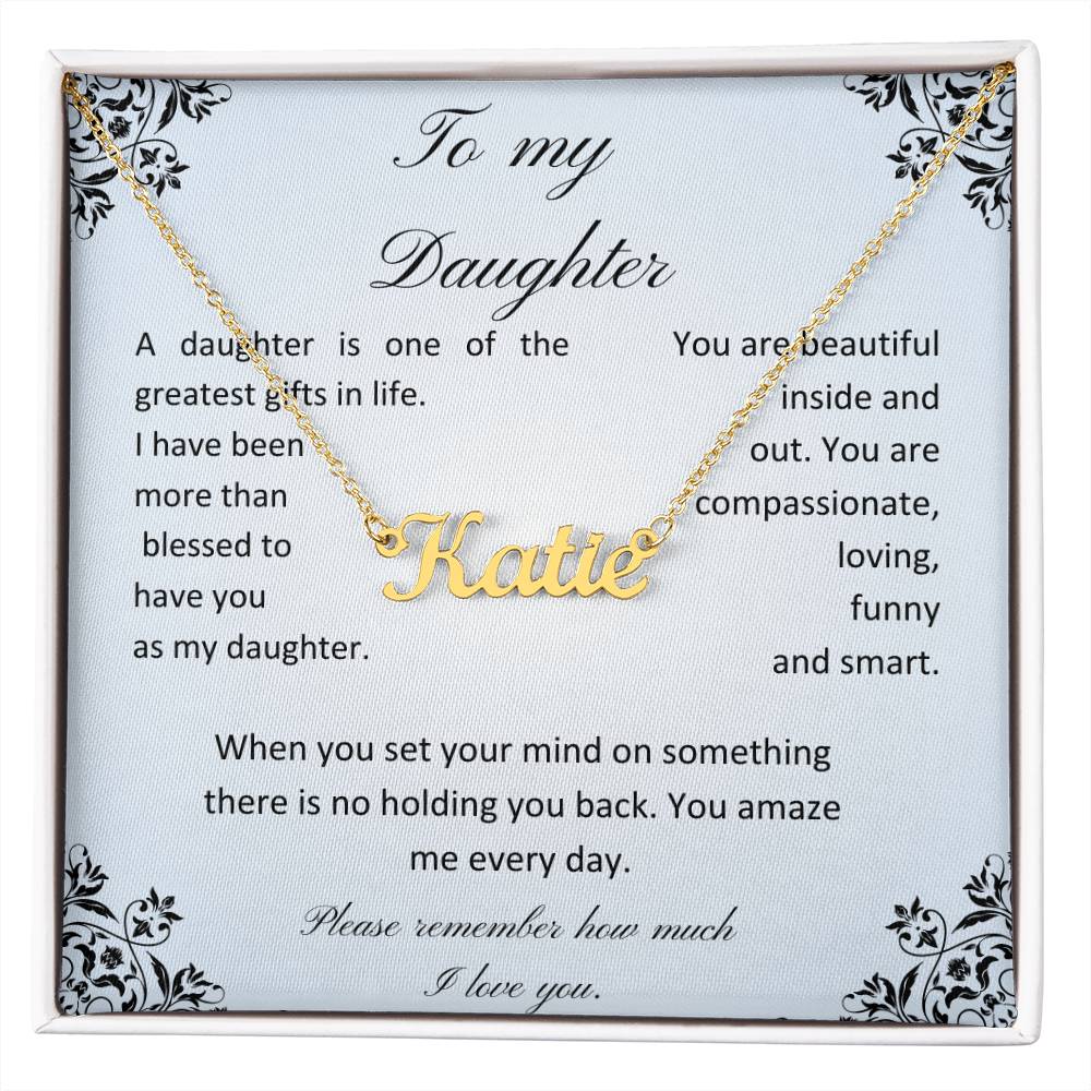 Daughter name necklace with message card