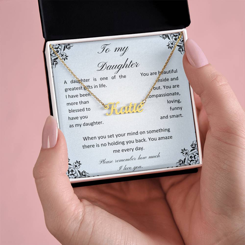 Daughter name necklace with message card