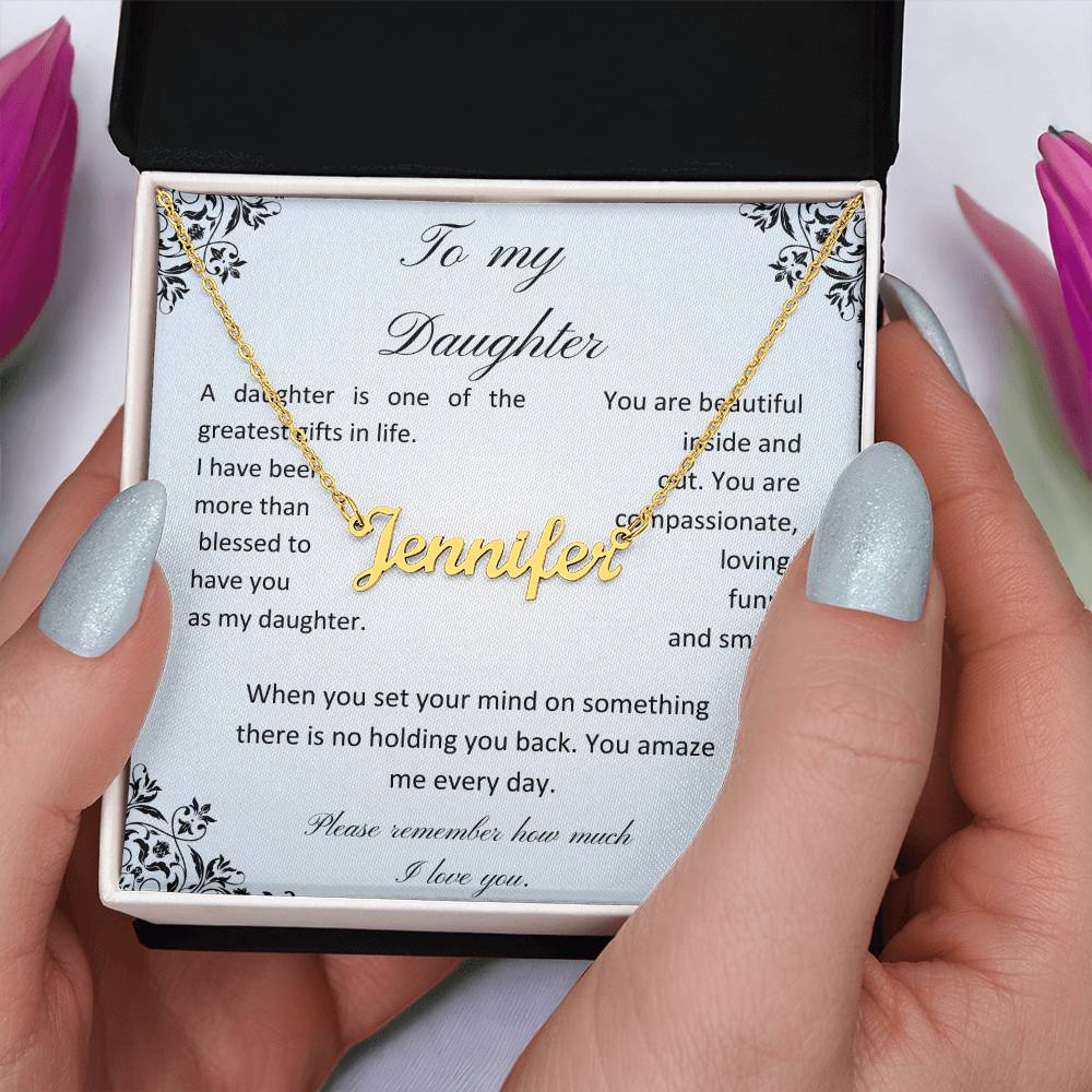 Daughter name necklace with message card