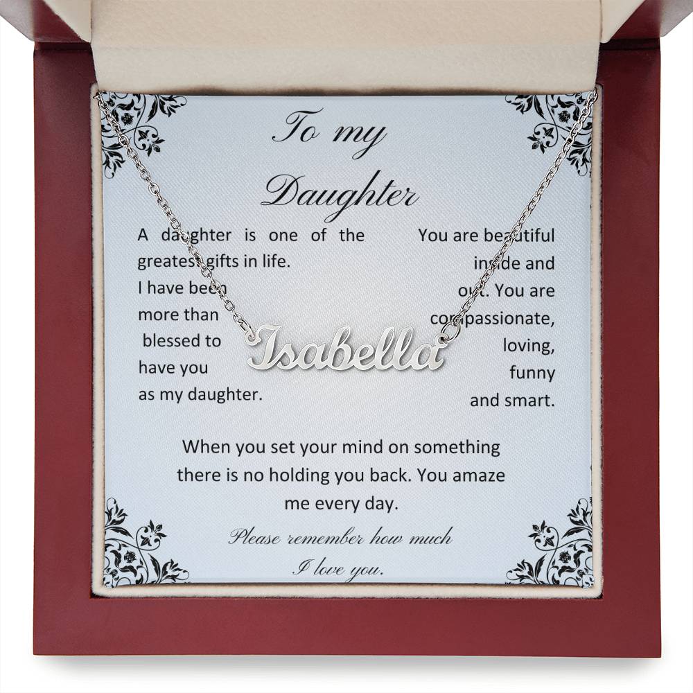 Daughter name necklace with message card