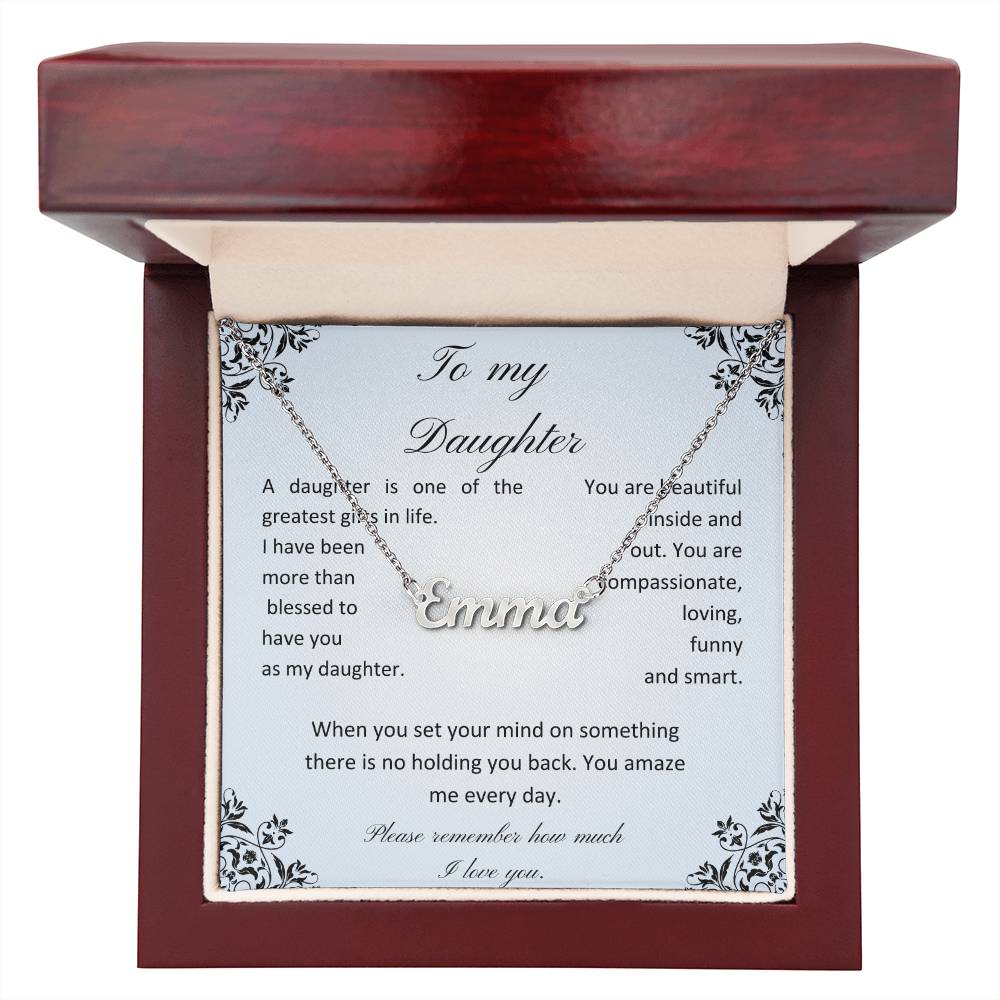 Daughter name necklace with message card