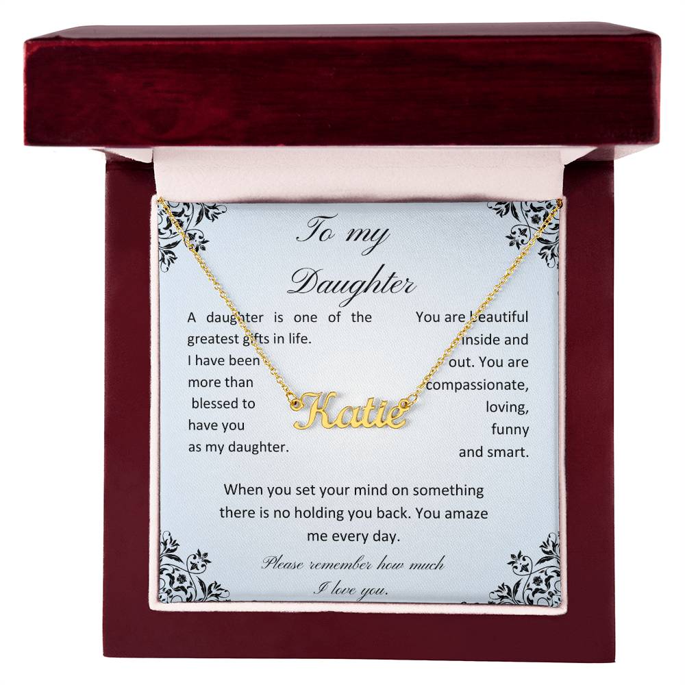 Daughter name necklace with message card